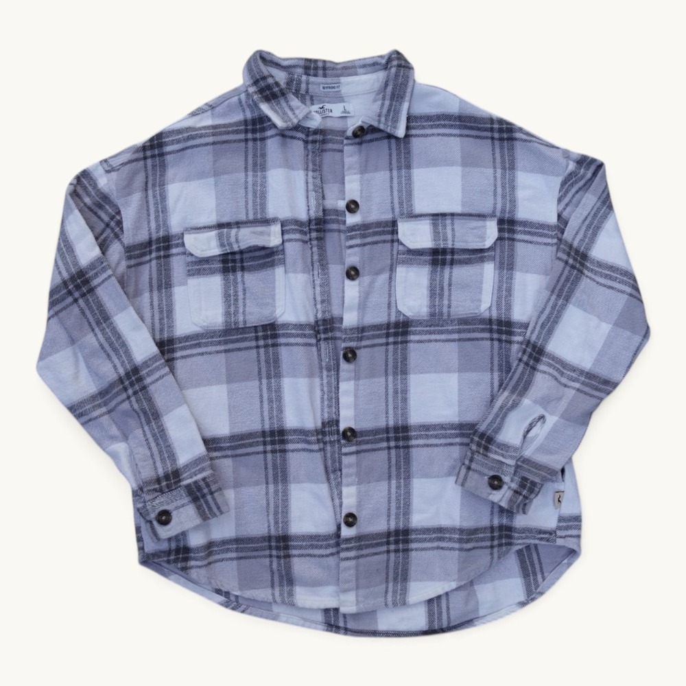 Hollister Boyfriend Fit Plaid Shacket Cream Gray Size L